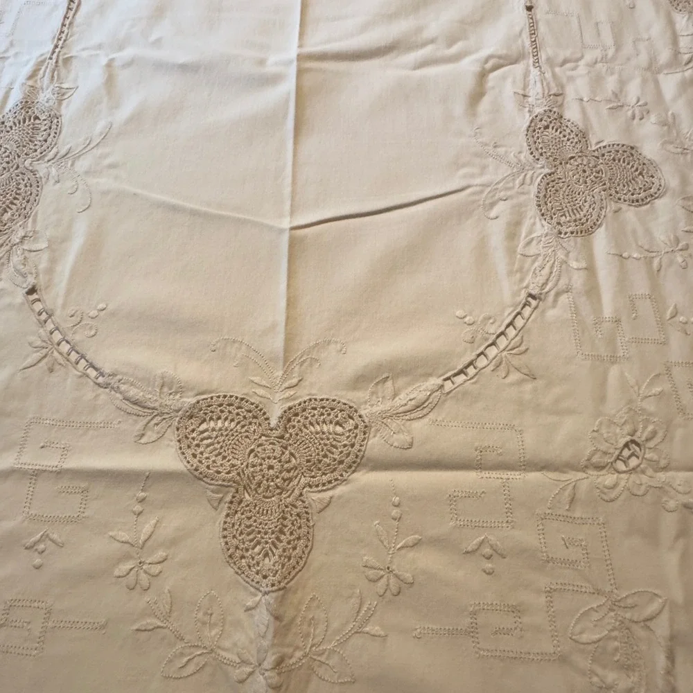 Vintage Tablecloth Embroidered Crochet Lace 60x96 Cream Victorian Cottagecore